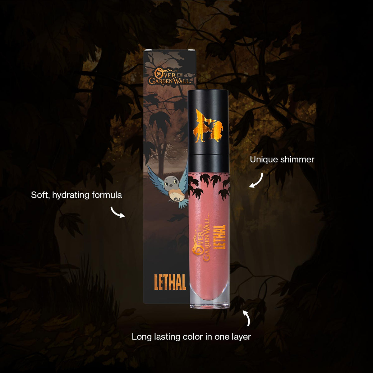 Liquid Lipstick from Over the Garden Wall, greige color. Surrounding it are product claims: Soft & hydrating formula, unique shimmer, long lasting in one layer.