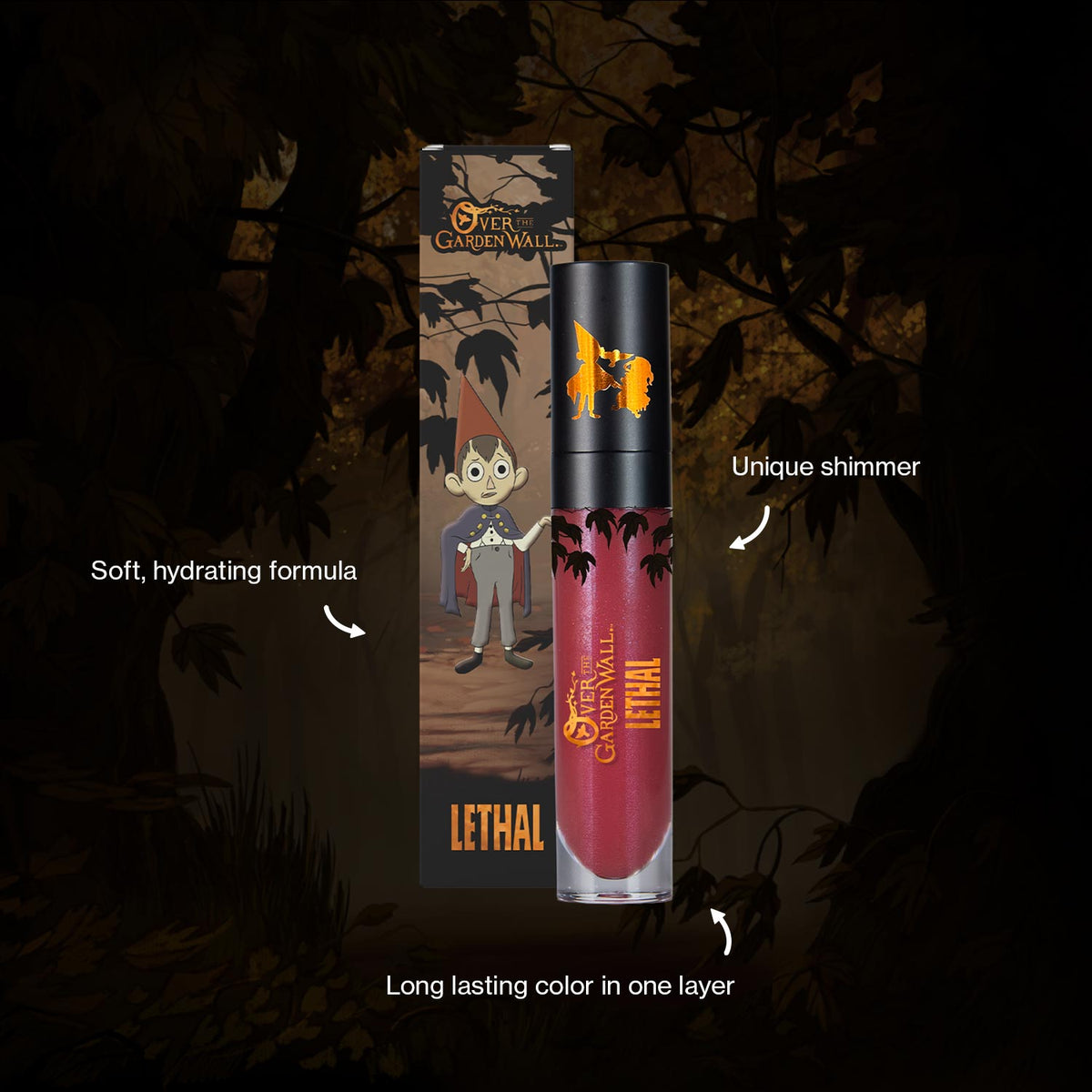 Liquid Lipstick from Over the Garden Wall, warm terracotta color. Surrounding it are product claims: Soft & hydrating formula, unique shimmer, long lasting in one layer.