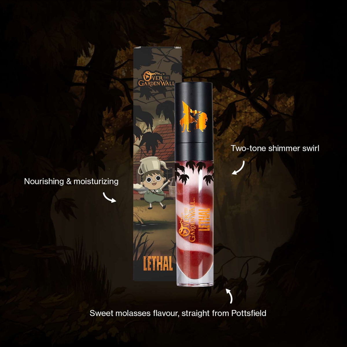 Lip Gloss from Over the Garden Wall, swirled beige and brown. Surrounding it are product claims: Nourishing & moisturizing, two-tone shimmer swirl, sweet molasses flavour