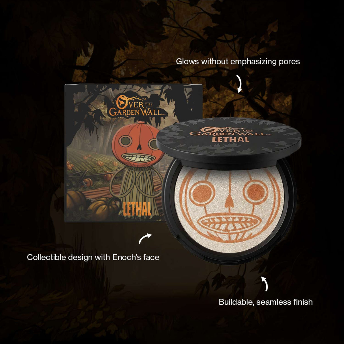 Pressed highlighter from Over the Garden Wall, gold to copper duochrome with an orange overspray of Enoch. Surrounding it are product claims: Glows without emphasizing pores, buildable, seamless finish, collectible design.
