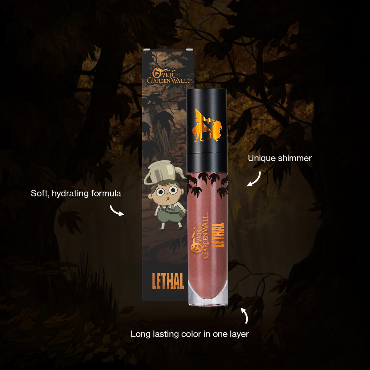 Liquid Lipstick from Over the Garden Wall, rich brown color. Surrounding it are product claims: Soft & hydrating formula, unique shimmer, long lasting in one layer.