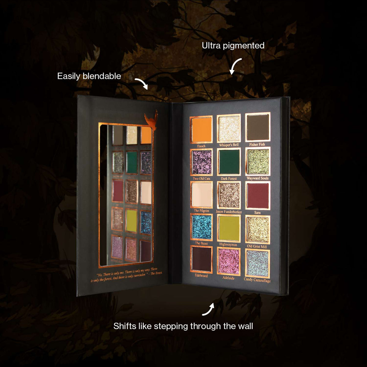 Open Over the Garden Wall eyeshadow palette with text callouts reading 'Ultra pigmented,' 'Easily blendable,' and 'Shifts like stepping through the wall.' 
