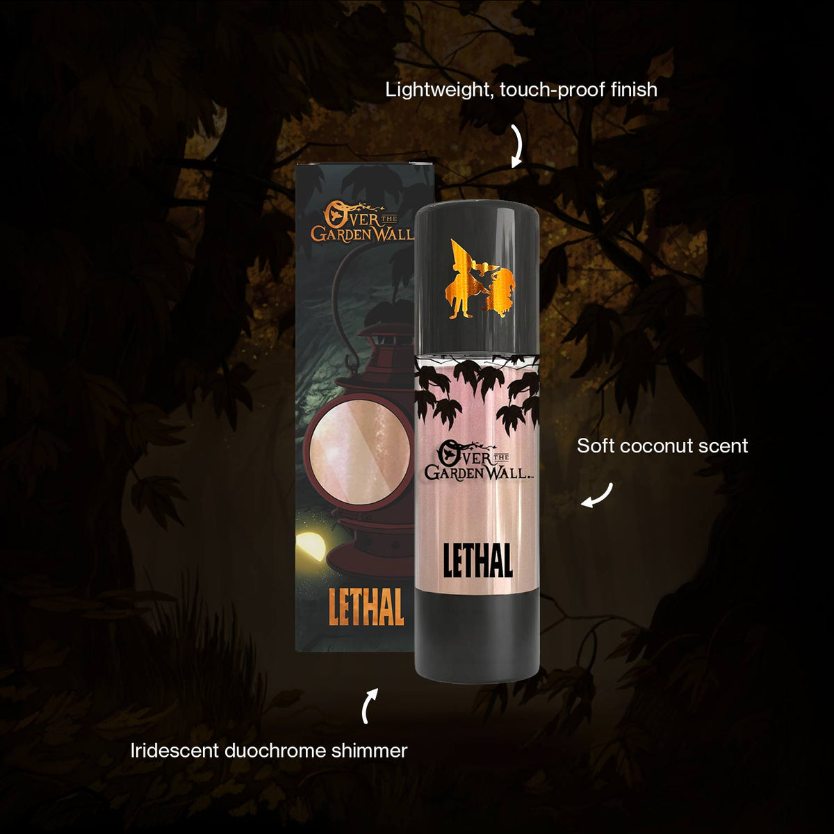 Body oil from Over the Garden Wall, pink and gold colour. Surrounding it are product claims: lightweight, touch-proof finish, soft coconut scent, iridescent duochrome shimmer.