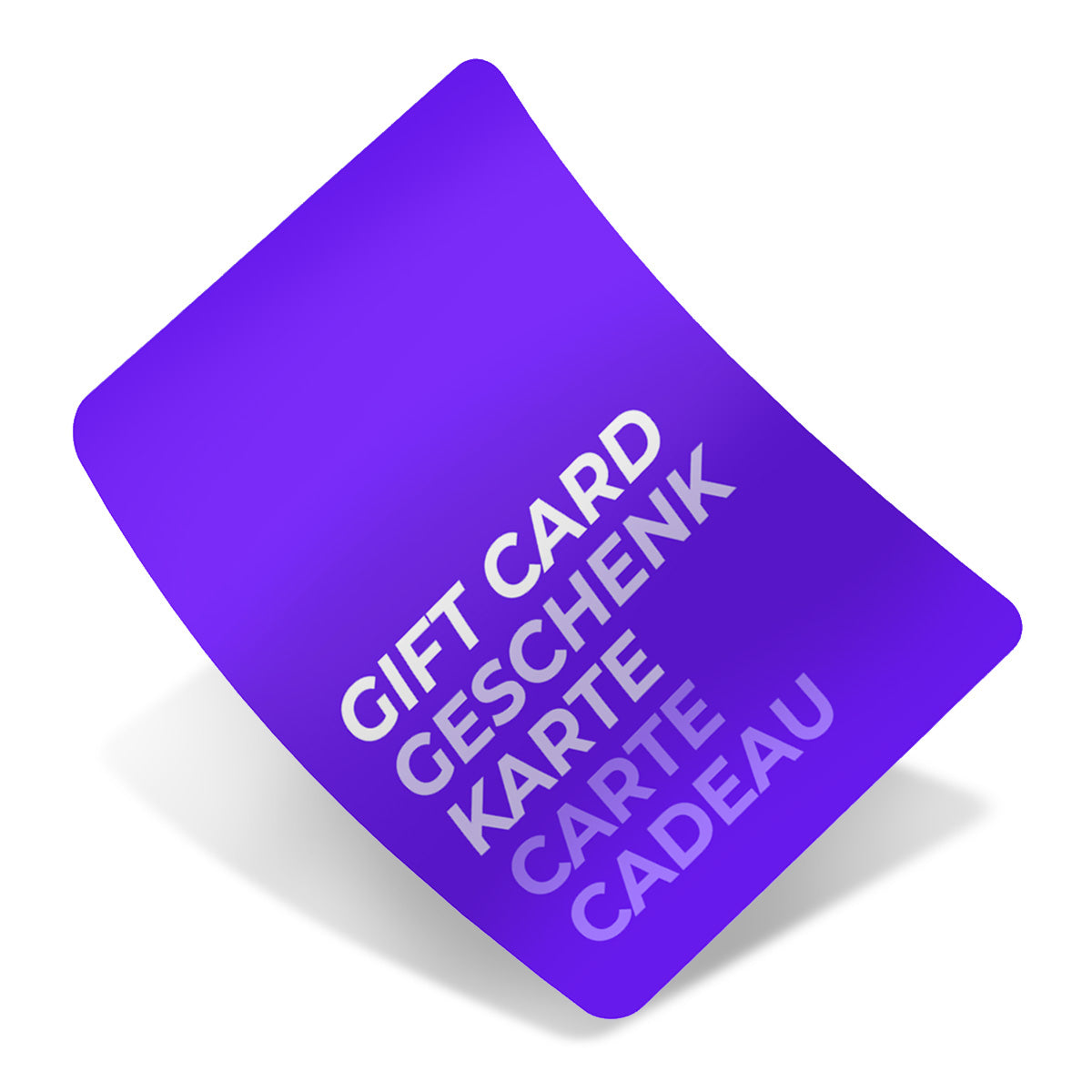 Purple lethal cosmetics gift card with text in multiple languages on a white background